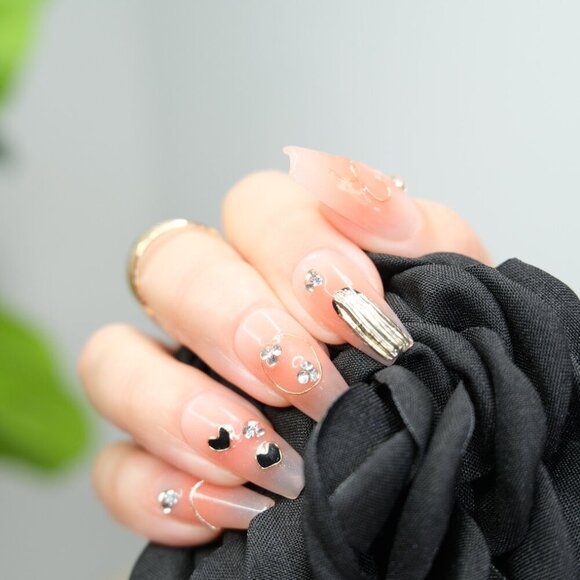 tipsy | Handmade Press On Nails | Coffin Medium | Little Black Hearts - Picture 9 of 16